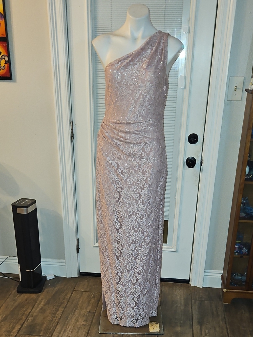 MARINA One-Shoulder Lace Gown in Dusty Rose